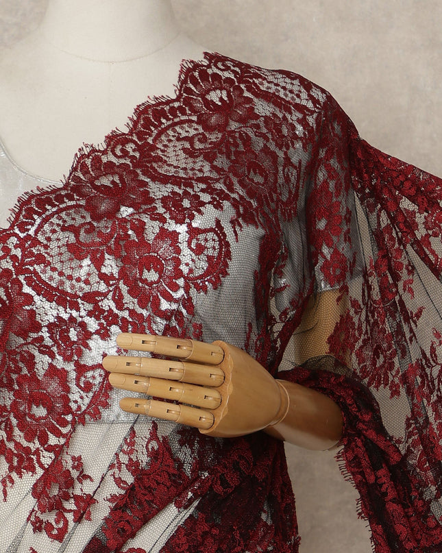 Red Black French Chantilly Lace Saree 5.5 Meters Length 110 Cms Width Premium Floral Lace Fabric Soft Sheer Elegant Draping Party Wear Saree Fabric France Origin-D28689 Regal Fabrics