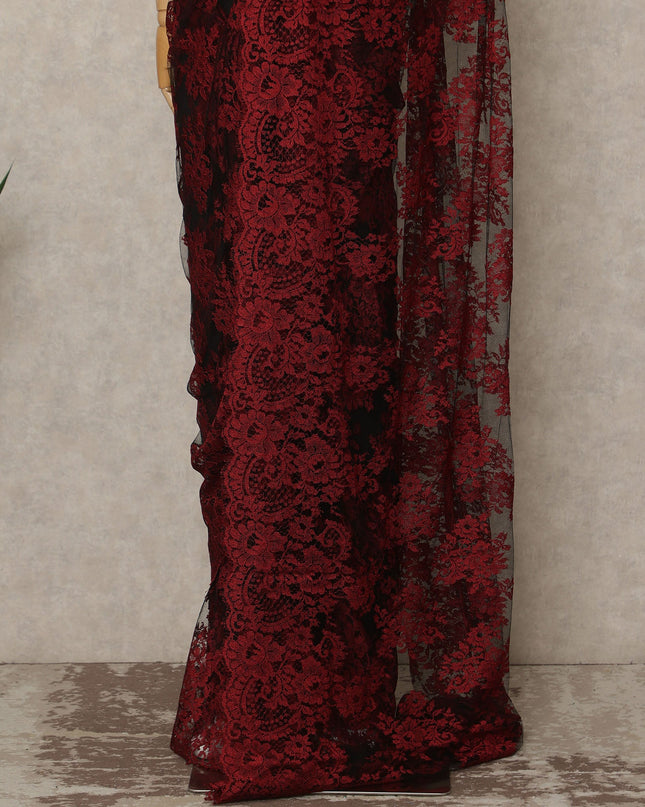 Red Black French Chantilly Lace Saree 5.5 Meters Length 110 Cms Width Premium Floral Lace Fabric Soft Sheer Elegant Draping Party Wear Saree Fabric France Origin-D28689 Regal Fabrics