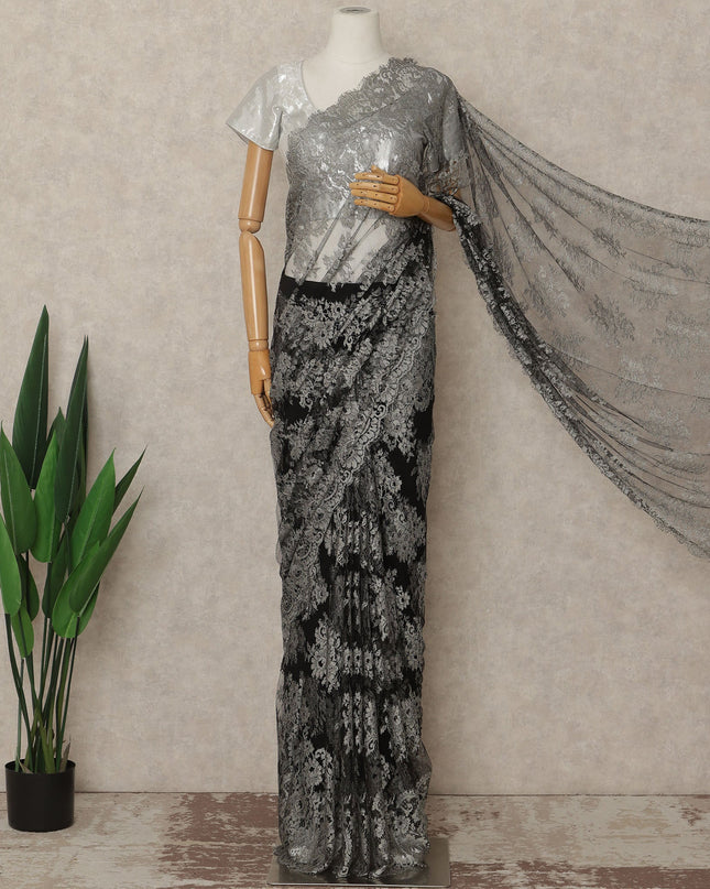 Silver Grey Black Ombre French Chantilly Lace Saree 5.5 Meters Length 110 Cms Width Premium Floral Lace Fabric Soft Sheer Elegant Draping Party Wear Saree Fabric France Origin-D28694 Regal Fabrics