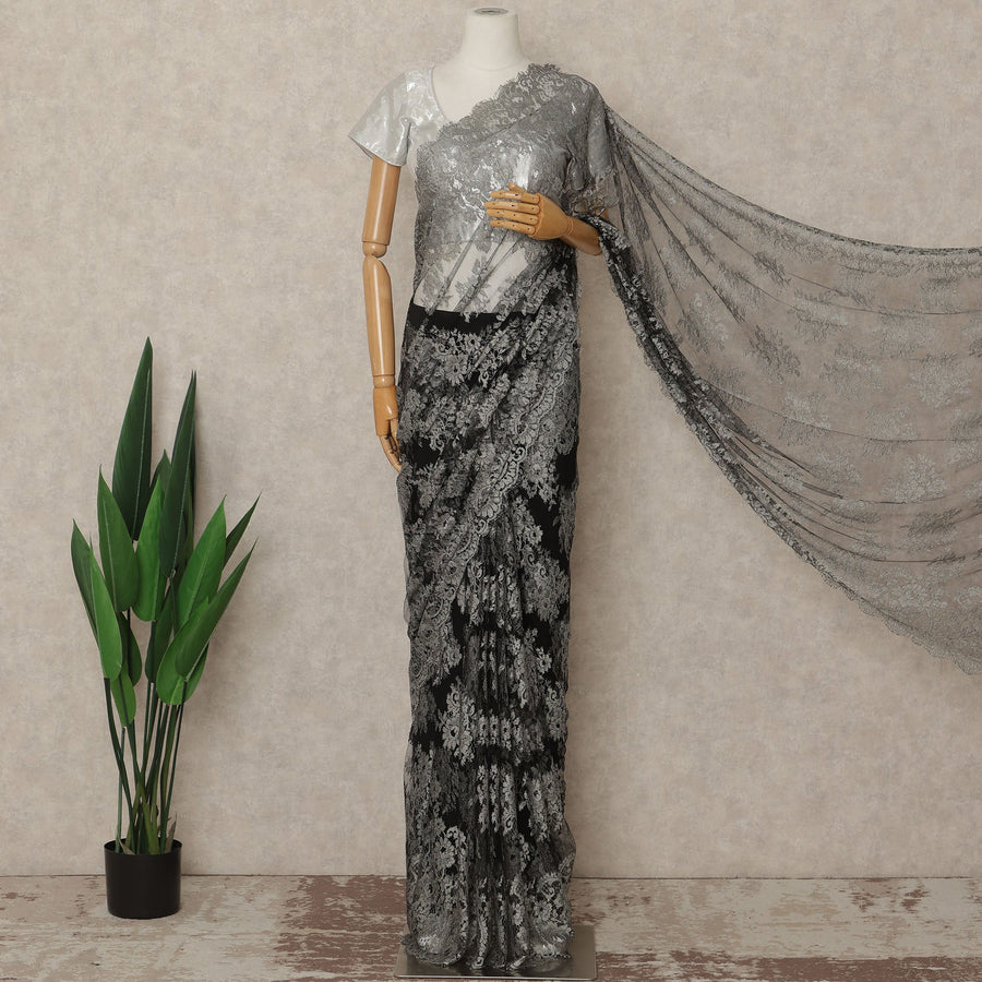 Silver Grey Black Ombre French Chantilly Lace Saree 5.5 Meters Length 110 Cms Width Premium Floral Lace Fabric Soft Sheer Elegant Draping Party Wear Saree Fabric France Origin-D28694 Regal Fabrics