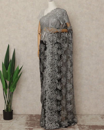 Silver Grey Black Ombre French Chantilly Lace Saree 5.5 Meters Length 110 Cms Width Premium Floral Lace Fabric Soft Sheer Elegant Draping Party Wear Saree Fabric France Origin-D28694 Regal Fabrics