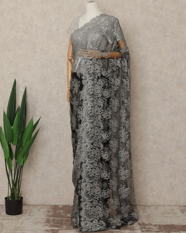 Silver Grey Black Ombre French Chantilly Lace Saree 5.5 Meters Length 110 Cms Width Premium Floral Lace Fabric Soft Sheer Elegant Draping Party Wear Saree Fabric France Origin-D28694 Regal Fabrics