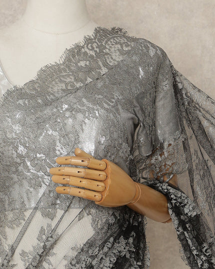 Silver Grey Black Ombre French Chantilly Lace Saree 5.5 Meters Length 110 Cms Width Premium Floral Lace Fabric Soft Sheer Elegant Draping Party Wear Saree Fabric France Origin-D28694 Regal Fabrics