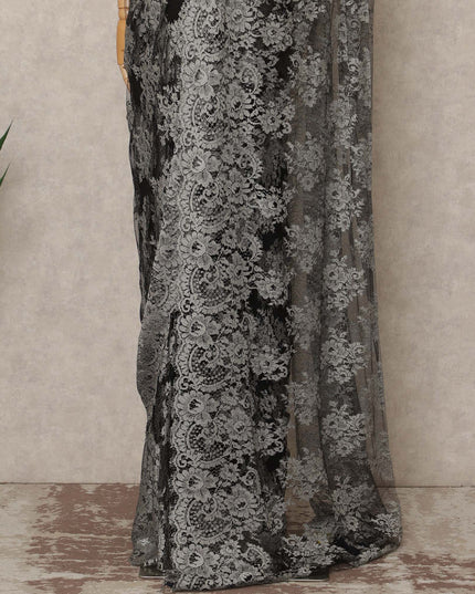 Silver Grey Black Ombre French Chantilly Lace Saree 5.5 Meters Length 110 Cms Width Premium Floral Lace Fabric Soft Sheer Elegant Draping Party Wear Saree Fabric France Origin-D28694 Regal Fabrics