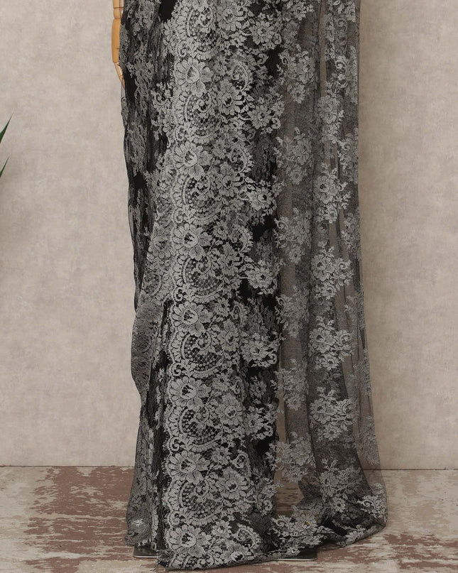 Silver Grey Black Ombre French Chantilly Lace Saree 5.5 Meters Length 110 Cms Width Premium Floral Lace Fabric Soft Sheer Elegant Draping Party Wear Saree Fabric France Origin-D28694 Regal Fabrics
