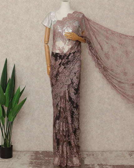 Dusty Rose Brown French Chantilly Lace Saree 5.5 Meters Length 110 Cms Width Premium Floral Lace Fabric Soft Sheer Elegant Draping Saree France-D28699 Regal Fabrics