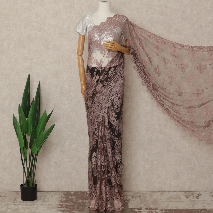 Dusty Rose Brown French Chantilly Lace Saree 5.5 Meters Length 110 Cms Width Premium Floral Lace Fabric Soft Sheer Elegant Draping Saree France-D28699 Regal Fabrics