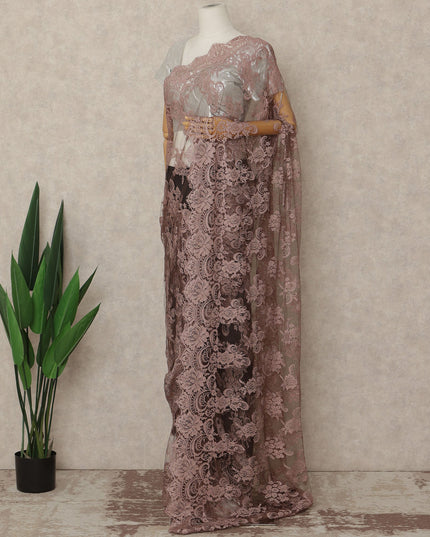 Dusty Rose Brown French Chantilly Lace Saree 5.5 Meters Length 110 Cms Width Premium Floral Lace Fabric Soft Sheer Elegant Draping Saree France-D28699 Regal Fabrics