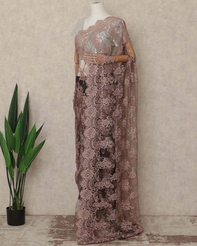 Dusty Rose Brown French Chantilly Lace Saree 5.5 Meters Length 110 Cms Width Premium Floral Lace Fabric Soft Sheer Elegant Draping Saree France-D28699 Regal Fabrics