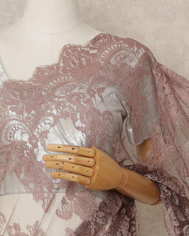 Dusty Rose Brown French Chantilly Lace Saree 5.5 Meters Length 110 Cms Width Premium Floral Lace Fabric Soft Sheer Elegant Draping Saree France-D28699 Regal Fabrics