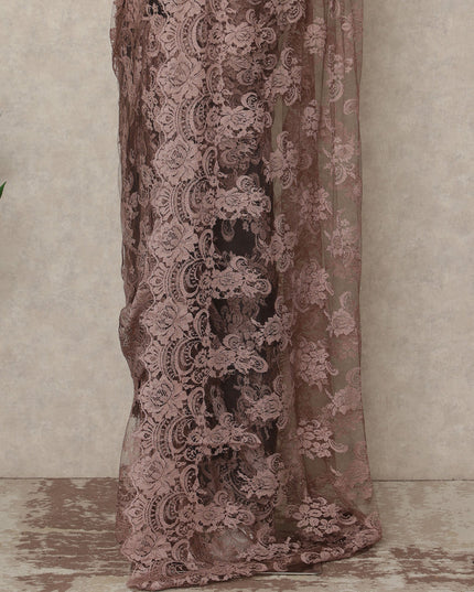 Dusty Rose Brown French Chantilly Lace Saree 5.5 Meters Length 110 Cms Width Premium Floral Lace Fabric Soft Sheer Elegant Draping Saree France-D28699 Regal Fabrics