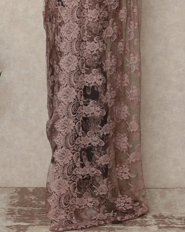 Dusty Rose Brown French Chantilly Lace Saree 5.5 Meters Length 110 Cms Width Premium Floral Lace Fabric Soft Sheer Elegant Draping Saree France-D28699 Regal Fabrics