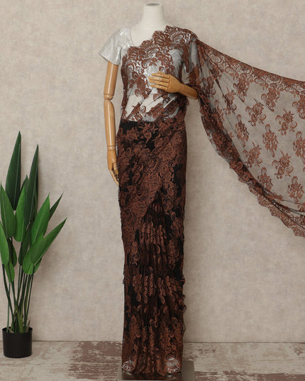 Rust Brown Black French Chantilly Lace Saree 5.5 Meters Length 110 Cms Width Premium Floral Lace Fabric Soft Sheer Elegant Draping Party Wear Saree Fabric France Origin-D28695 Regal Fabrics
