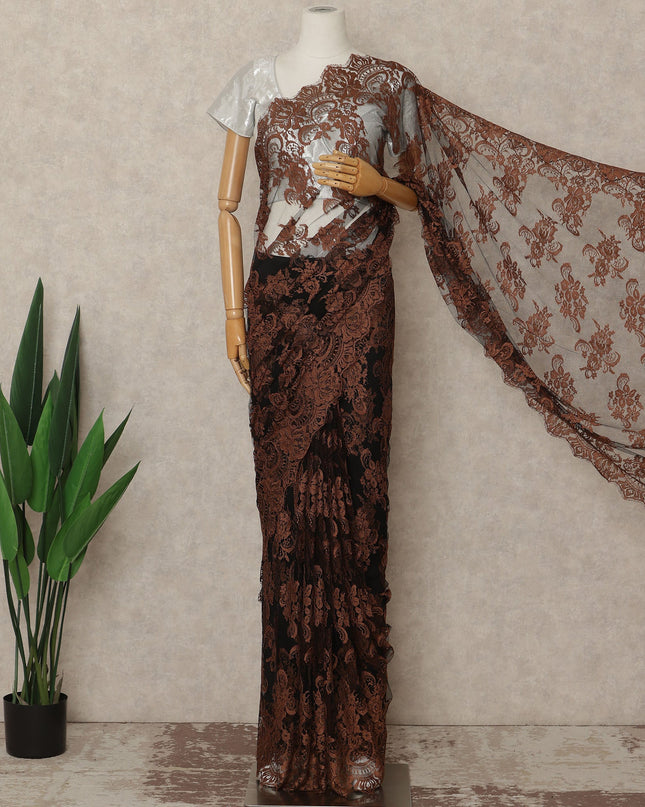 Rust Brown Black French Chantilly Lace Saree 5.5 Meters Length 110 Cms Width Premium Floral Lace Fabric Soft Sheer Elegant Draping Party Wear Saree Fabric France Origin-D28695 Regal Fabrics