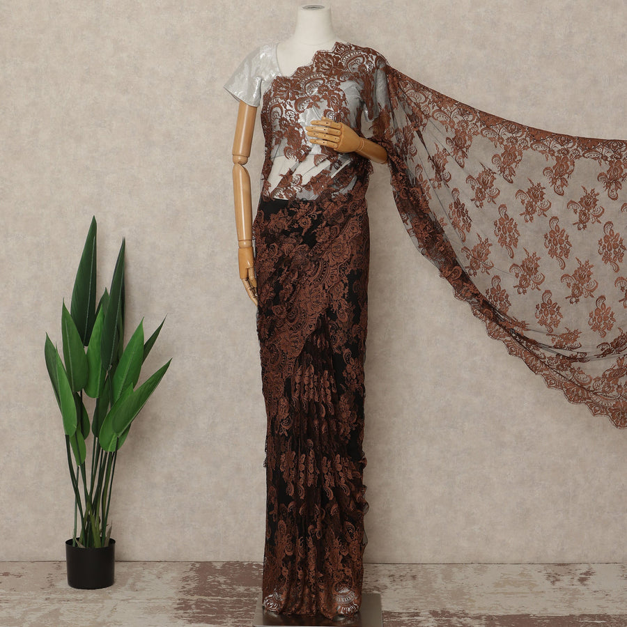 Rust Brown Black French Chantilly Lace Saree 5.5 Meters Length 110 Cms Width Premium Floral Lace Fabric Soft Sheer Elegant Draping Party Wear Saree Fabric France Origin-D28695 Regal Fabrics
