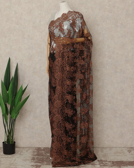 Rust Brown Black French Chantilly Lace Saree 5.5 Meters Length 110 Cms Width Premium Floral Lace Fabric Soft Sheer Elegant Draping Party Wear Saree Fabric France Origin-D28695 Regal Fabrics