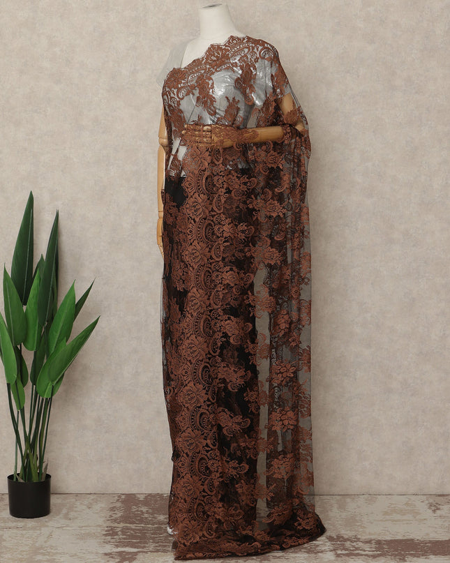 Rust Brown Black French Chantilly Lace Saree 5.5 Meters Length 110 Cms Width Premium Floral Lace Fabric Soft Sheer Elegant Draping Party Wear Saree Fabric France Origin-D28695 Regal Fabrics