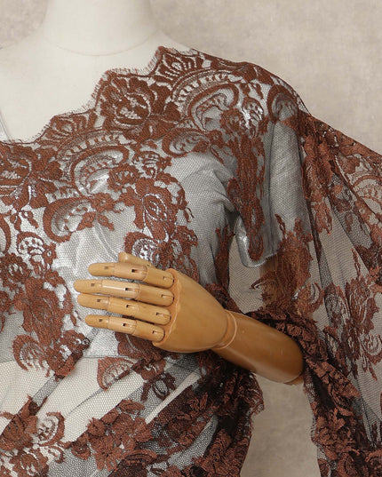 Rust Brown Black French Chantilly Lace Saree 5.5 Meters Length 110 Cms Width Premium Floral Lace Fabric Soft Sheer Elegant Draping Party Wear Saree Fabric France Origin-D28695 Regal Fabrics