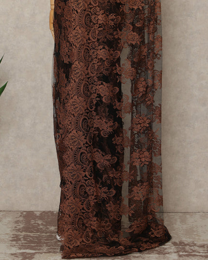 Rust Brown Black French Chantilly Lace Saree 5.5 Meters Length 110 Cms Width Premium Floral Lace Fabric Soft Sheer Elegant Draping Party Wear Saree Fabric France Origin-D28695 Regal Fabrics