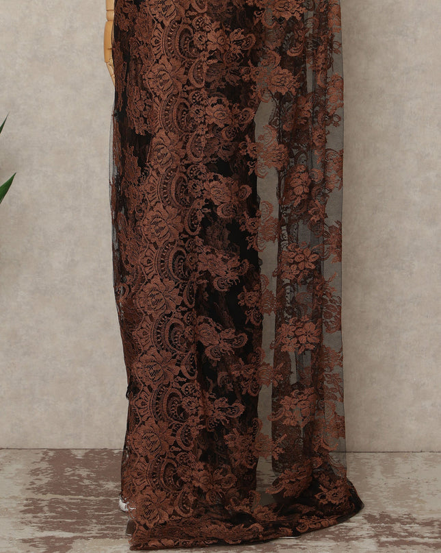 Rust Brown Black French Chantilly Lace Saree 5.5 Meters Length 110 Cms Width Premium Floral Lace Fabric Soft Sheer Elegant Draping Party Wear Saree Fabric France Origin-D28695 Regal Fabrics