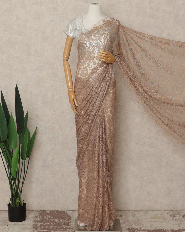 Beige Nude French Chantilly Saree Lace Elegant Floral Net Design 5.5 Mtrs Length 110 Cms Width Premium Soft Sheer Fabric France Origin-D28935 Regal Fabrics