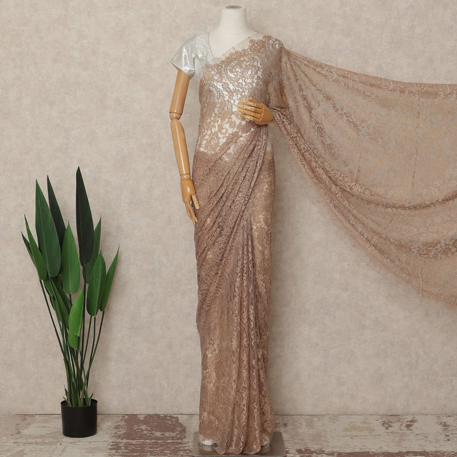 Beige Nude French Chantilly Saree Lace Elegant Floral Net Design 5.5 Mtrs Length 110 Cms Width Premium Soft Sheer Fabric France Origin-D28935 Regal Fabrics