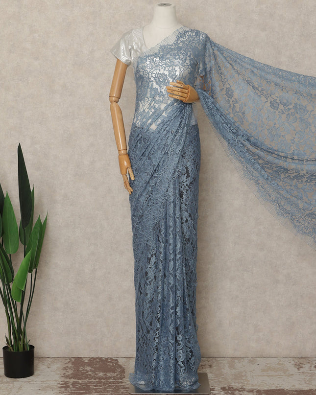 Dusty Blue French Chantilly Saree Lace Elegant Floral Net Design 5.5 Mtrs Length 110 Cms Width Premium Soft Sheer Fabric France Origin-D28931 Regal Fabrics