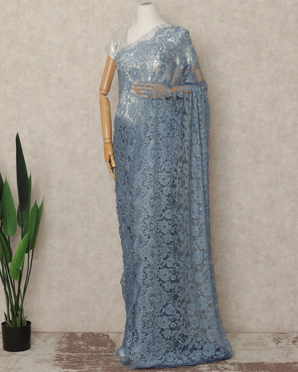 Dusty Blue French Chantilly Saree Lace Elegant Floral Net Design 5.5 Mtrs Length 110 Cms Width Premium Soft Sheer Fabric France Origin-D28931 Regal Fabrics