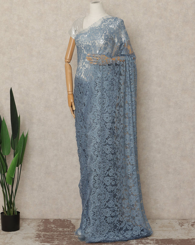 Dusty Blue French Chantilly Saree Lace Elegant Floral Net Design 5.5 Mtrs Length 110 Cms Width Premium Soft Sheer Fabric France Origin-D28931 Regal Fabrics