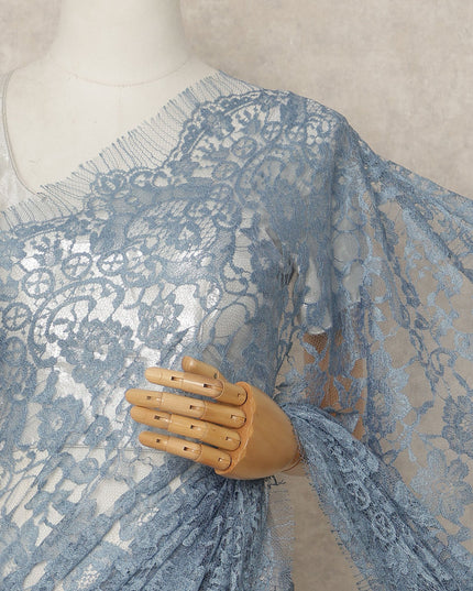 Dusty Blue French Chantilly Saree Lace Elegant Floral Net Design 5.5 Mtrs Length 110 Cms Width Premium Soft Sheer Fabric France Origin-D28931 Regal Fabrics