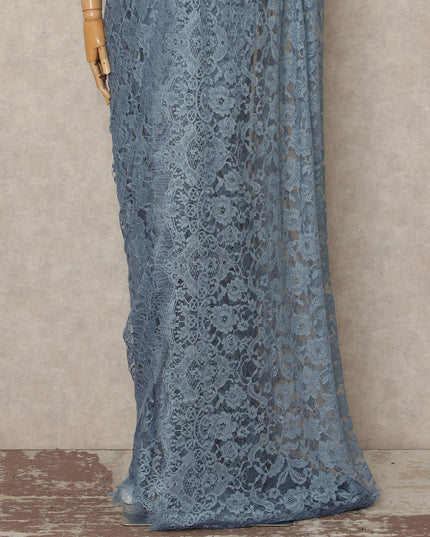 Dusty Blue French Chantilly Saree Lace Elegant Floral Net Design 5.5 Mtrs Length 110 Cms Width Premium Soft Sheer Fabric France Origin-D28931 Regal Fabrics