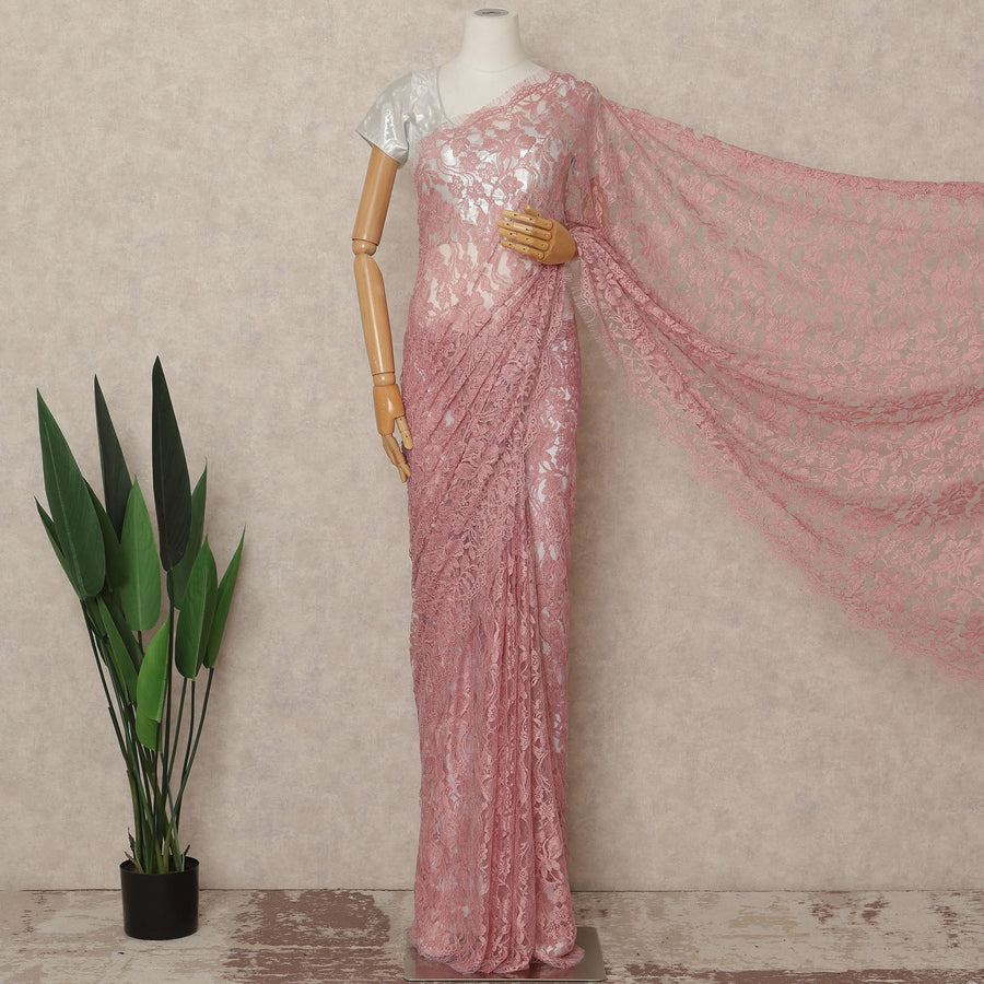 Blush Pink French Chantilly Saree Lace Elegant Floral Net Design 5.5 Mtrs Length 110 Cms Width Premium Soft Sheer Fabric France Origin-D28938 Regal Fabrics