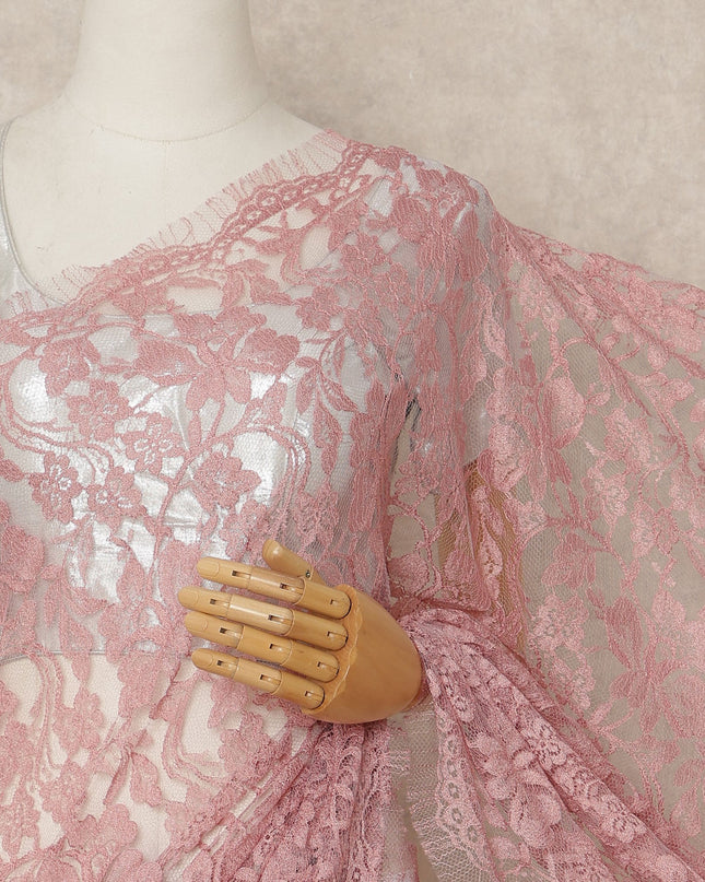 Blush Pink French Chantilly Saree Lace Elegant Floral Net Design 5.5 Mtrs Length 110 Cms Width Premium Soft Sheer Fabric France Origin-D28938 Regal Fabrics