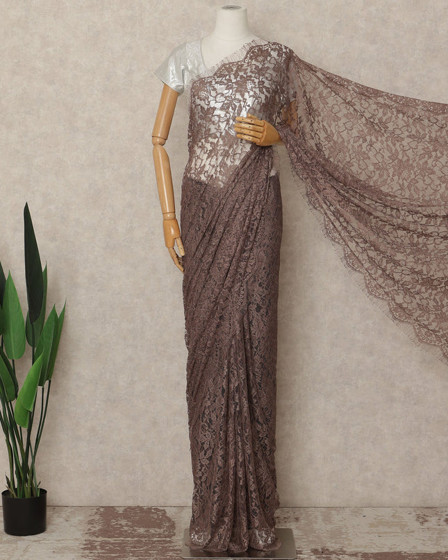 Taupe Brown French Chantilly Saree Lace Elegant Floral Net Design 5.5 Mtrs Length 110 Cms Width Premium Soft Sheer Fabric France Origin-D28939 Regal Fabrics