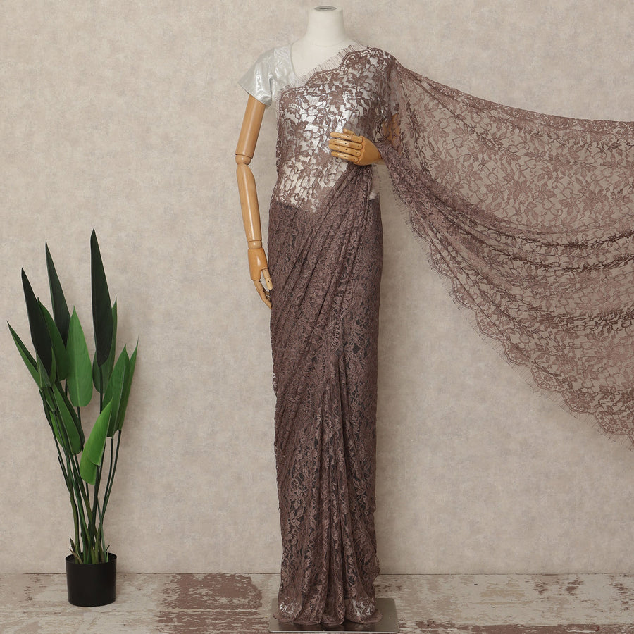 Taupe Brown French Chantilly Saree Lace Elegant Floral Net Design 5.5 Mtrs Length 110 Cms Width Premium Soft Sheer Fabric France Origin-D28939 Regal Fabrics