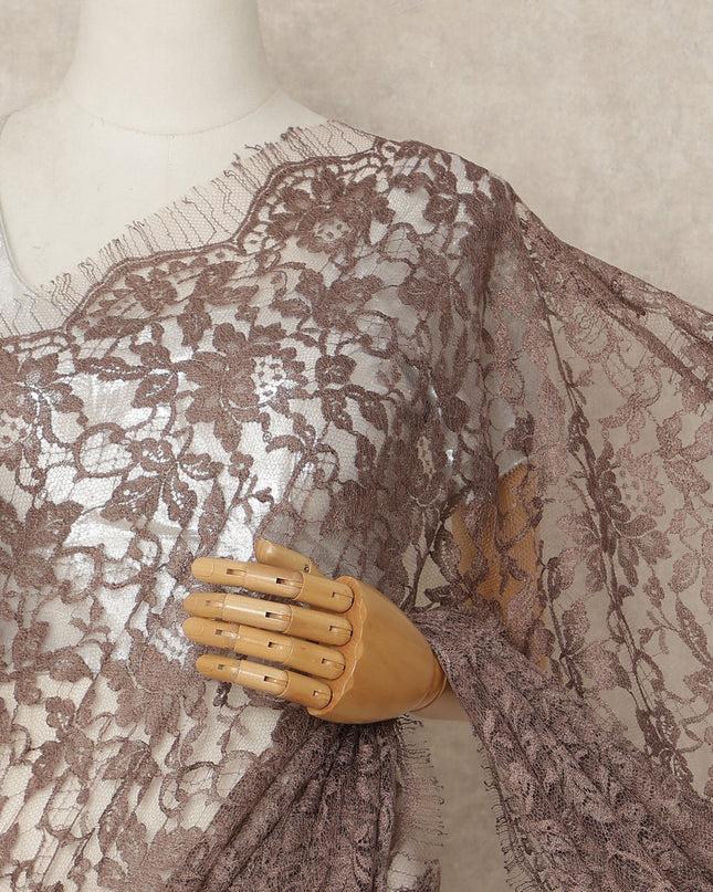 Taupe Brown French Chantilly Saree Lace Elegant Floral Net Design 5.5 Mtrs Length 110 Cms Width Premium Soft Sheer Fabric France Origin-D28939 Regal Fabrics