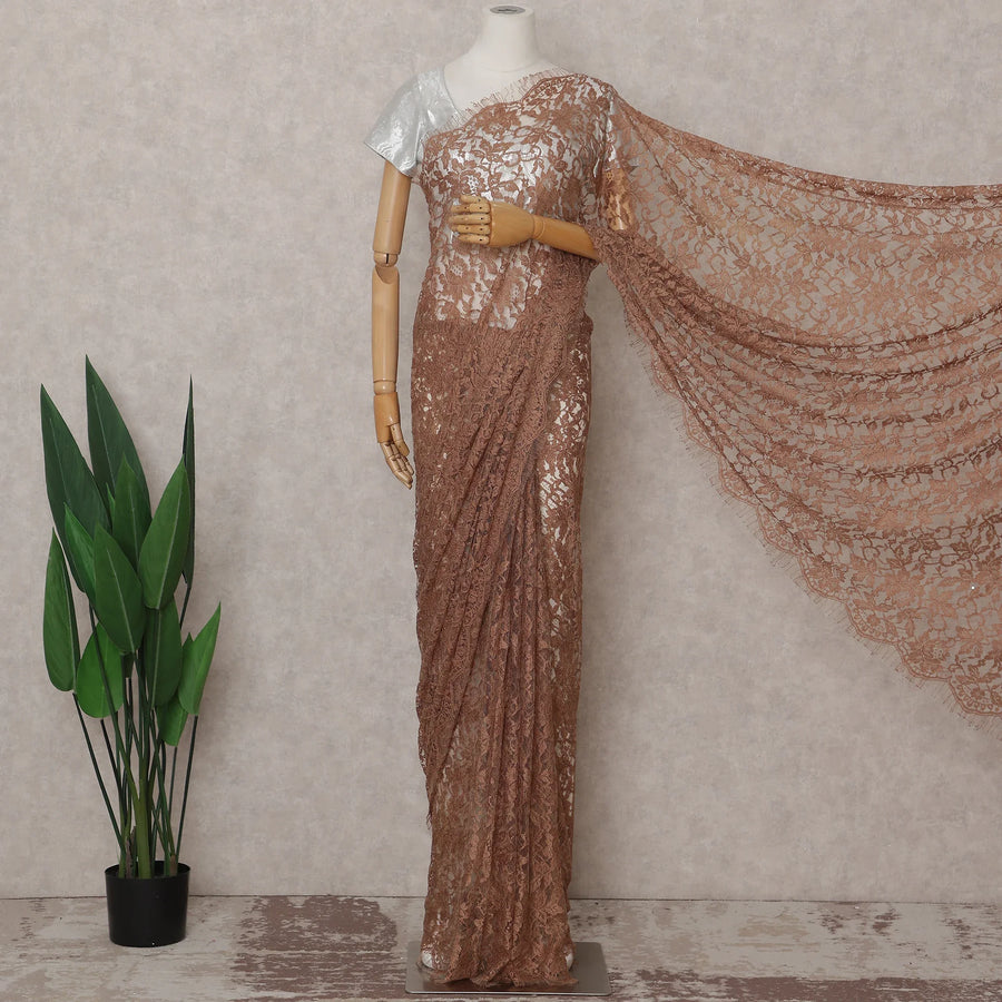 Cinnamon Brown French Chantilly Lace Saree 5.5m