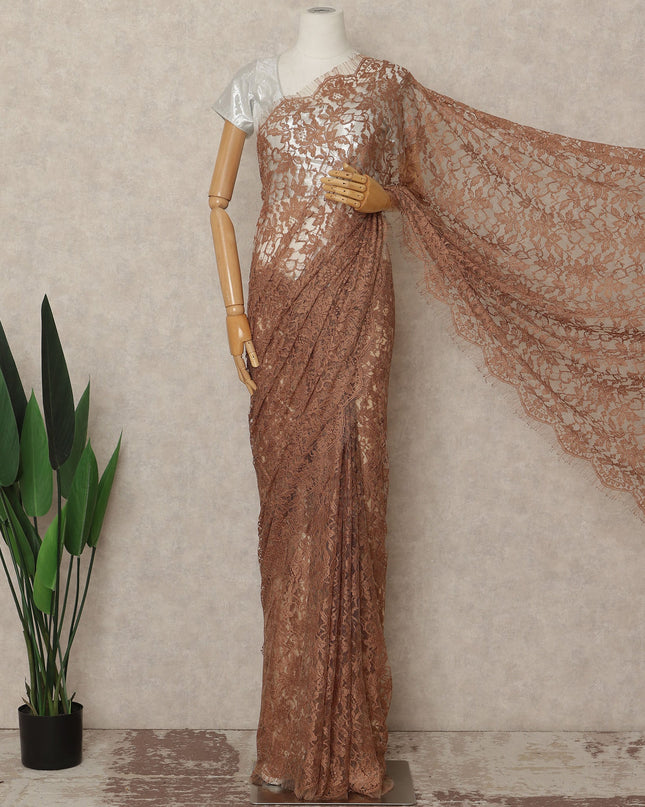 Copper Brown French Chantilly Saree Lace Elegant Floral Net Design 5.5 Mtrs Length 110 Cms Width Premium Soft Sheer Fabric France Origin-D28942 Regal Fabrics