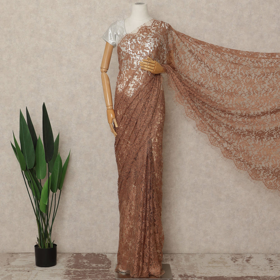 Copper Brown French Chantilly Saree Lace Elegant Floral Net Design 5.5 Mtrs Length 110 Cms Width Premium Soft Sheer Fabric France Origin-D28942 Regal Fabrics