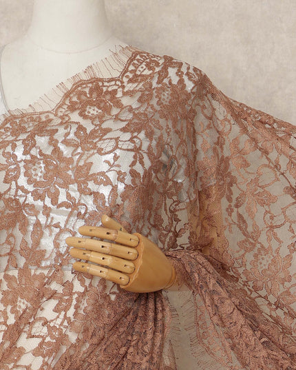 Copper Brown French Chantilly Saree Lace Elegant Floral Net Design 5.5 Mtrs Length 110 Cms Width Premium Soft Sheer Fabric France Origin-D28942 Regal Fabrics