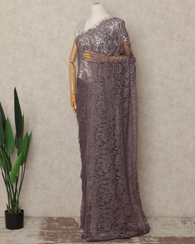 Dusty Mauve French Chantilly Saree Lace Elegant Floral Net Design 5.5 Mtrs Length 110 Cms Width Premium Soft Sheer Fabric France Origin-D28943 Regal Fabrics