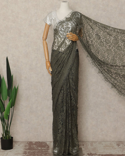 Olive Green French Chantilly Saree Lace Elegant Floral Net Design 5.5 Mtrs Length 110 Cms Width Premium Soft Sheer Fabric France Origin-D28944 Regal Fabrics