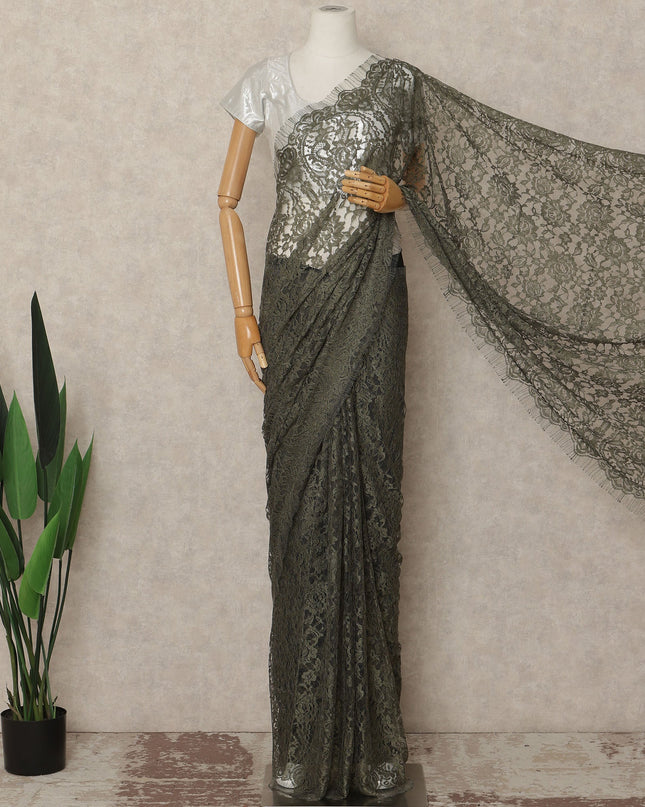 Olive Green French Chantilly Saree Lace Elegant Floral Net Design 5.5 Mtrs Length 110 Cms Width Premium Soft Sheer Fabric France Origin-D28944 Regal Fabrics