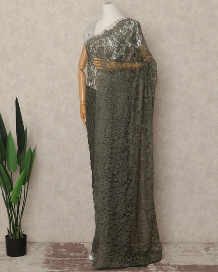 Olive Green French Chantilly Saree Lace Elegant Floral Net Design 5.5 Mtrs Length 110 Cms Width Premium Soft Sheer Fabric France Origin-D28944 Regal Fabrics