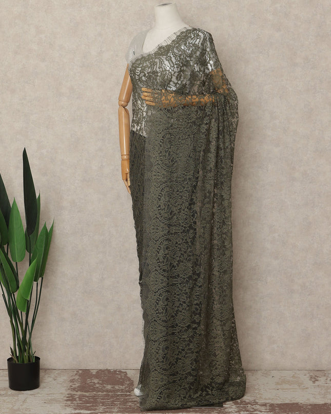 Olive Green French Chantilly Saree Lace Elegant Floral Net Design 5.5 Mtrs Length 110 Cms Width Premium Soft Sheer Fabric France Origin-D28944 Regal Fabrics