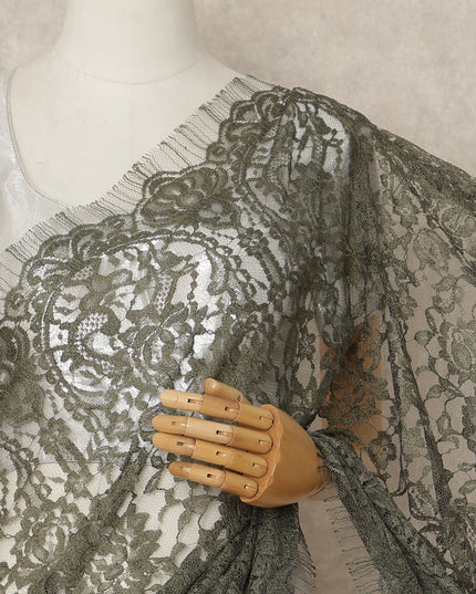 Olive Green French Chantilly Saree Lace Elegant Floral Net Design 5.5 Mtrs Length 110 Cms Width Premium Soft Sheer Fabric France Origin-D28944 Regal Fabrics