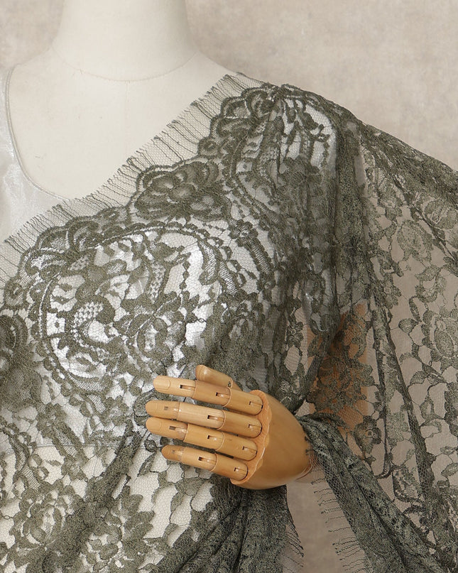 Olive Green French Chantilly Saree Lace Elegant Floral Net Design 5.5 Mtrs Length 110 Cms Width Premium Soft Sheer Fabric France Origin-D28944 Regal Fabrics