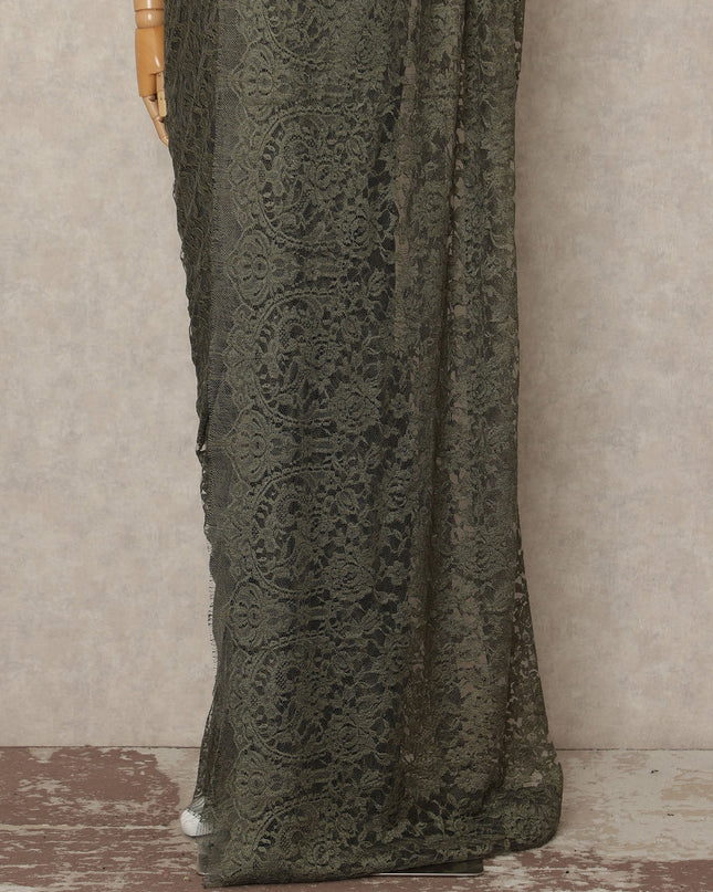 Olive Green French Chantilly Saree Lace Elegant Floral Net Design 5.5 Mtrs Length 110 Cms Width Premium Soft Sheer Fabric France Origin-D28944 Regal Fabrics
