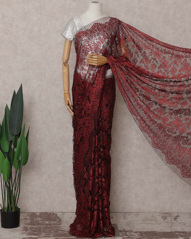 Metallic Ruby Red Chantilly Lace Saree | Regal Fabrics