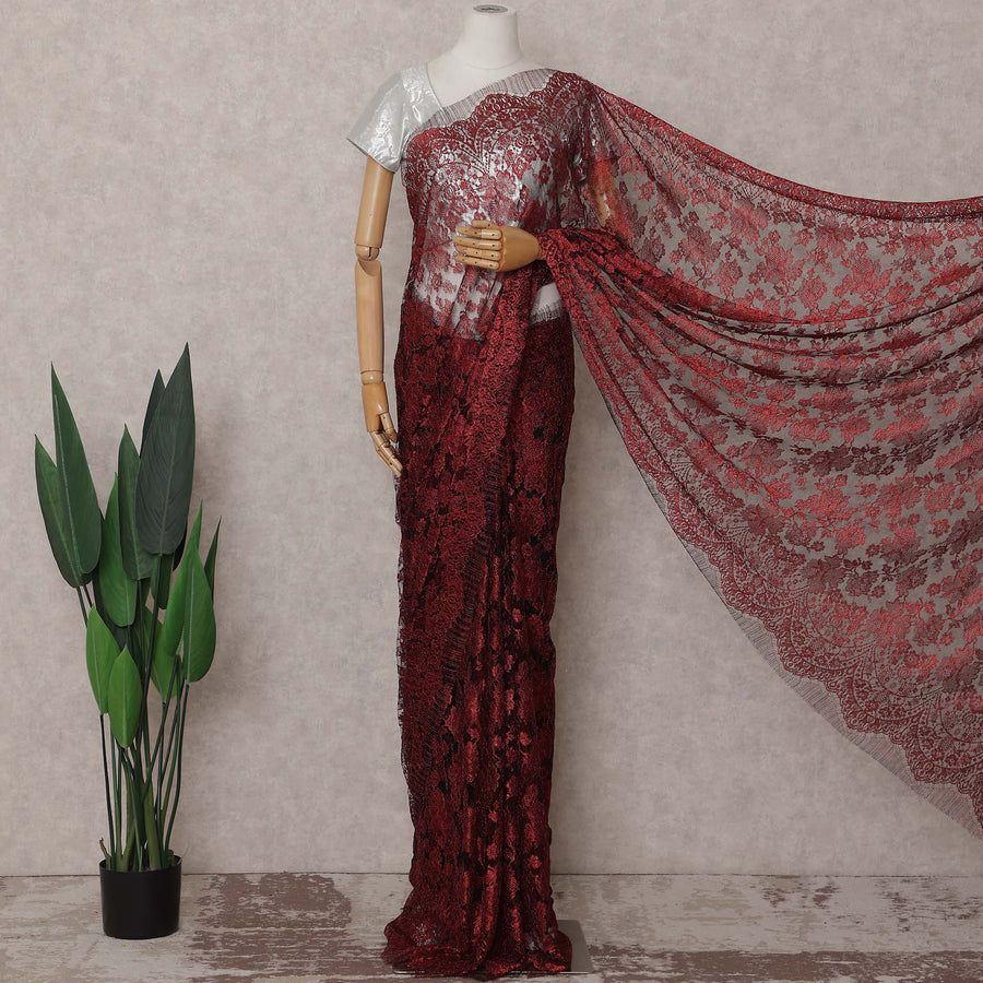 Metallic Ruby Red Chantilly Lace Saree | Regal Fabrics